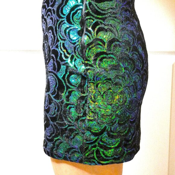 Mini Pencil Skirt Black Green Size XS Sequins Flower H&M Party Unique Vintage - Picture 7 of 9